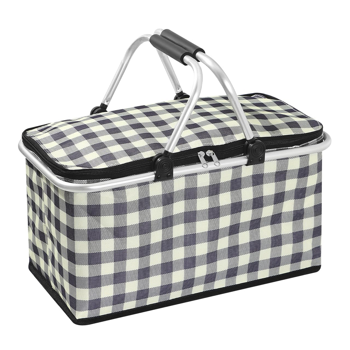 32L Insulated Picnic Basket, Black Plaid Insulated Collapsible Picnic Cooler Basket with Lid & 2 Handles, for Camping, Travel, Grocery & Food Delivery