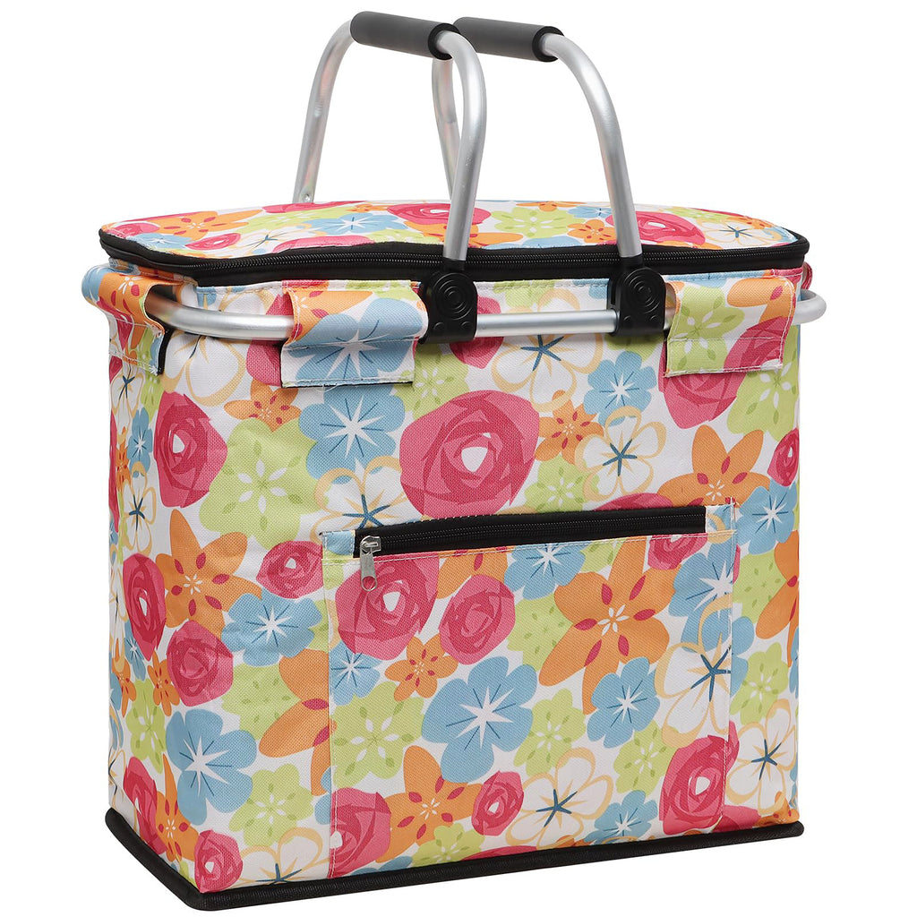 40L Insulated Picnic Basket, Black Plaid Insulated Collapsible Picnic Cooler Basket with Lid & 2 Handles, for Camping, Travel, Grocery & Food Delivery