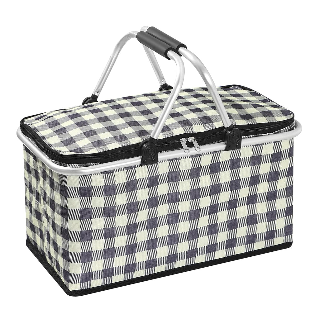 40L Insulated Picnic Basket, Black Plaid Insulated Collapsible Picnic Cooler Basket with Lid & 2 Handles, for Camping, Travel, Grocery & Food Delivery
