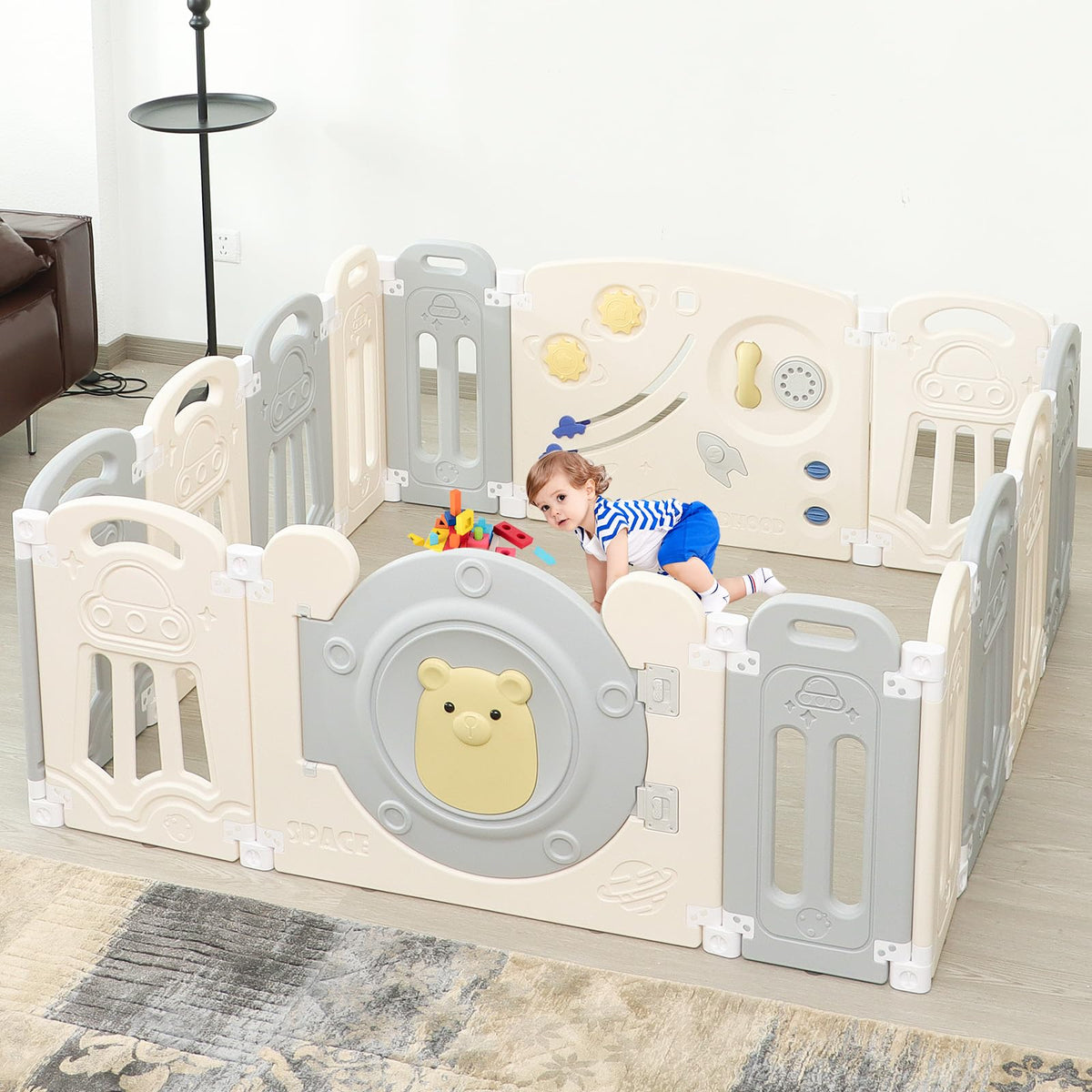 14-Panel Foldable Toddler Playpen with Locked Gate&Height Adjustable Basketball Hoop Game Board,Multi-scene Indoor Outdoor Baby Activity Fence,Gray White