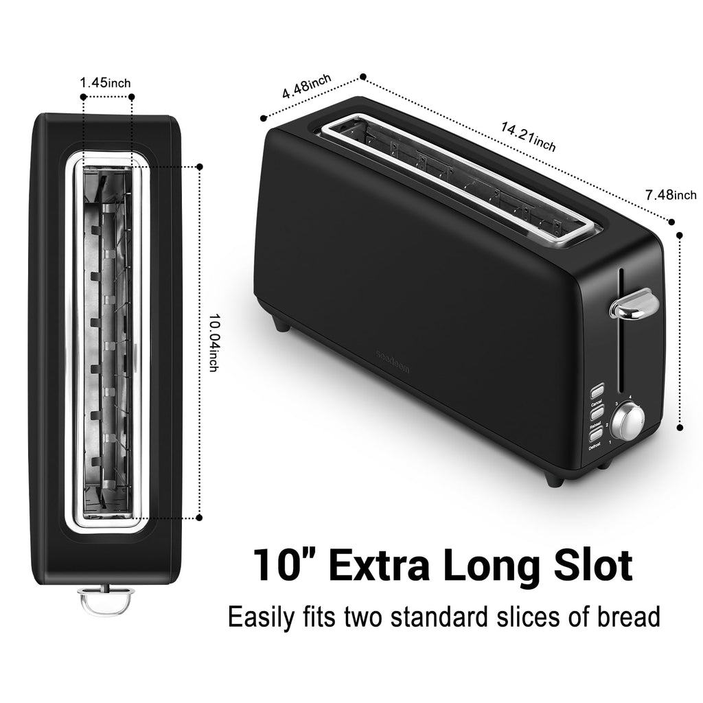 Black 2-slice toaster shown with dimension callouts and text reading '10" Extra Long Slot' and 'Easily fits two standard slices of bread' on a white background.