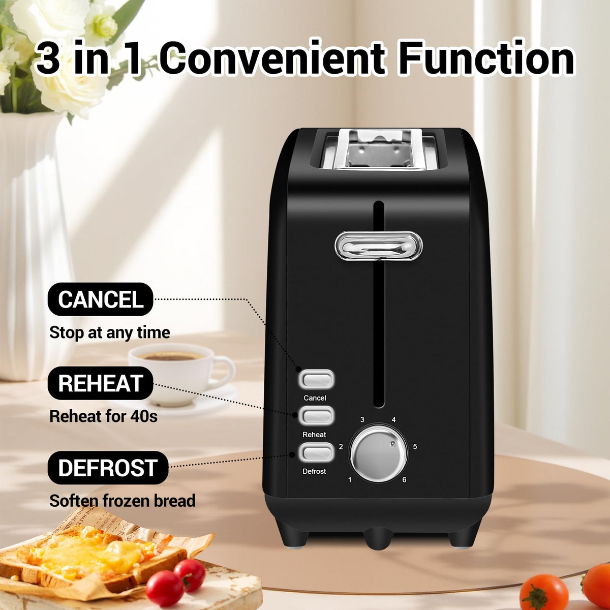 Stainless steel long-slot 2-slice toaster featuring 6 browning levels,10-inch extra-long slots and a removable crumb tray(Black).