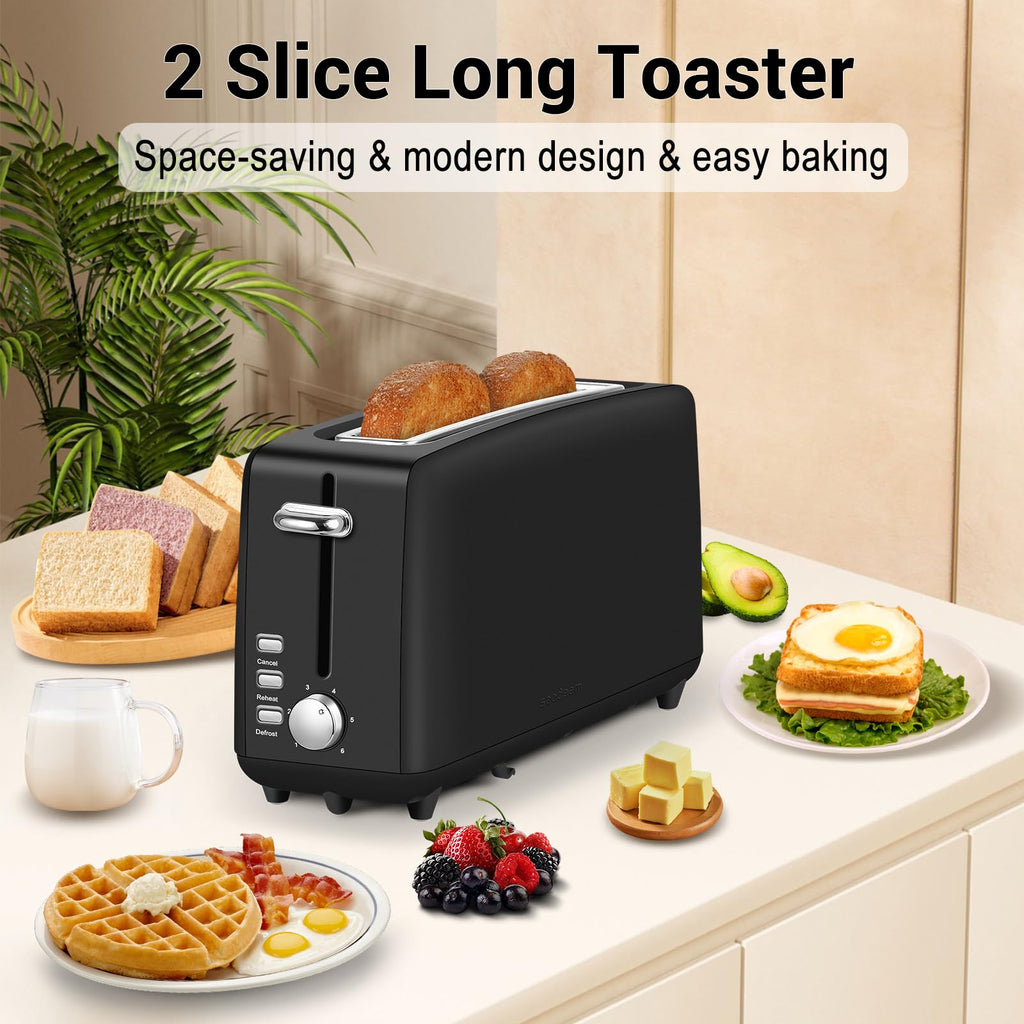 Stainless steel long-slot 2-slice toaster featuring 6 browning levels,10-inch extra-long slots and a removable crumb tray(Black).