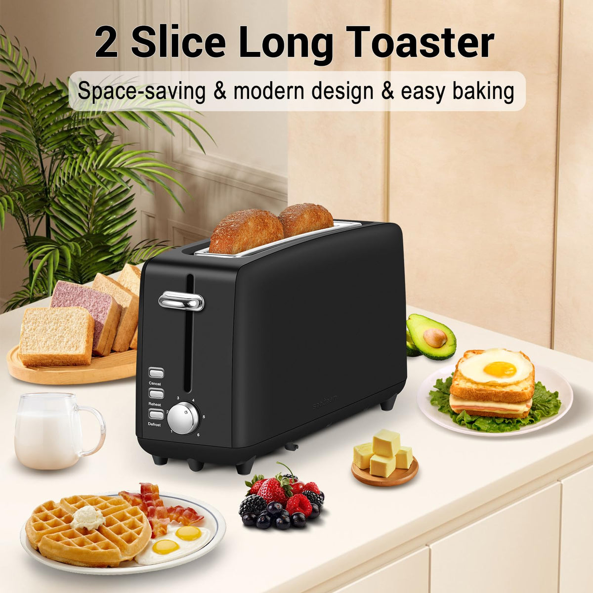 Stainless steel long-slot 2-slice toaster featuring 6 browning levels,10-inch extra-long slots and a removable crumb tray(Black).