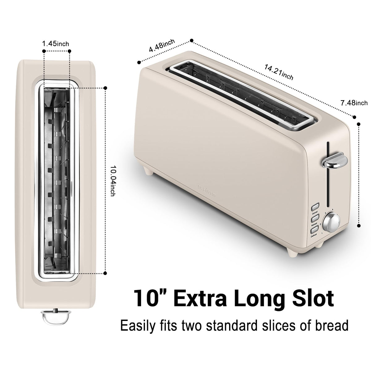 Stainless steel long-slot 2-slice toaster featuring 6 browning levels,10-inch extra-long slots and a removable crumb tray(Oatmeal).