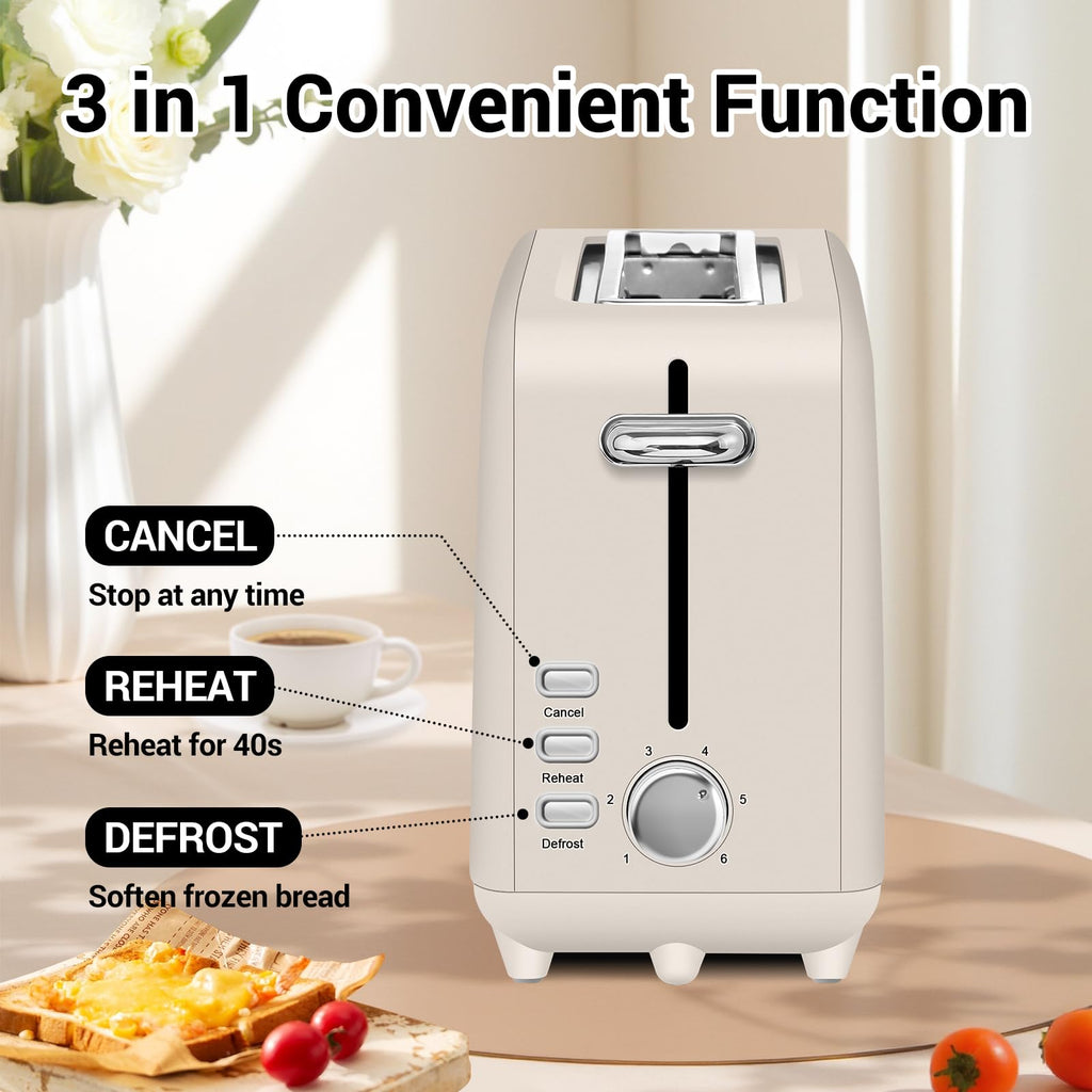 Stainless steel long-slot 2-slice toaster featuring 6 browning levels,10-inch extra-long slots and a removable crumb tray(Oatmeal).