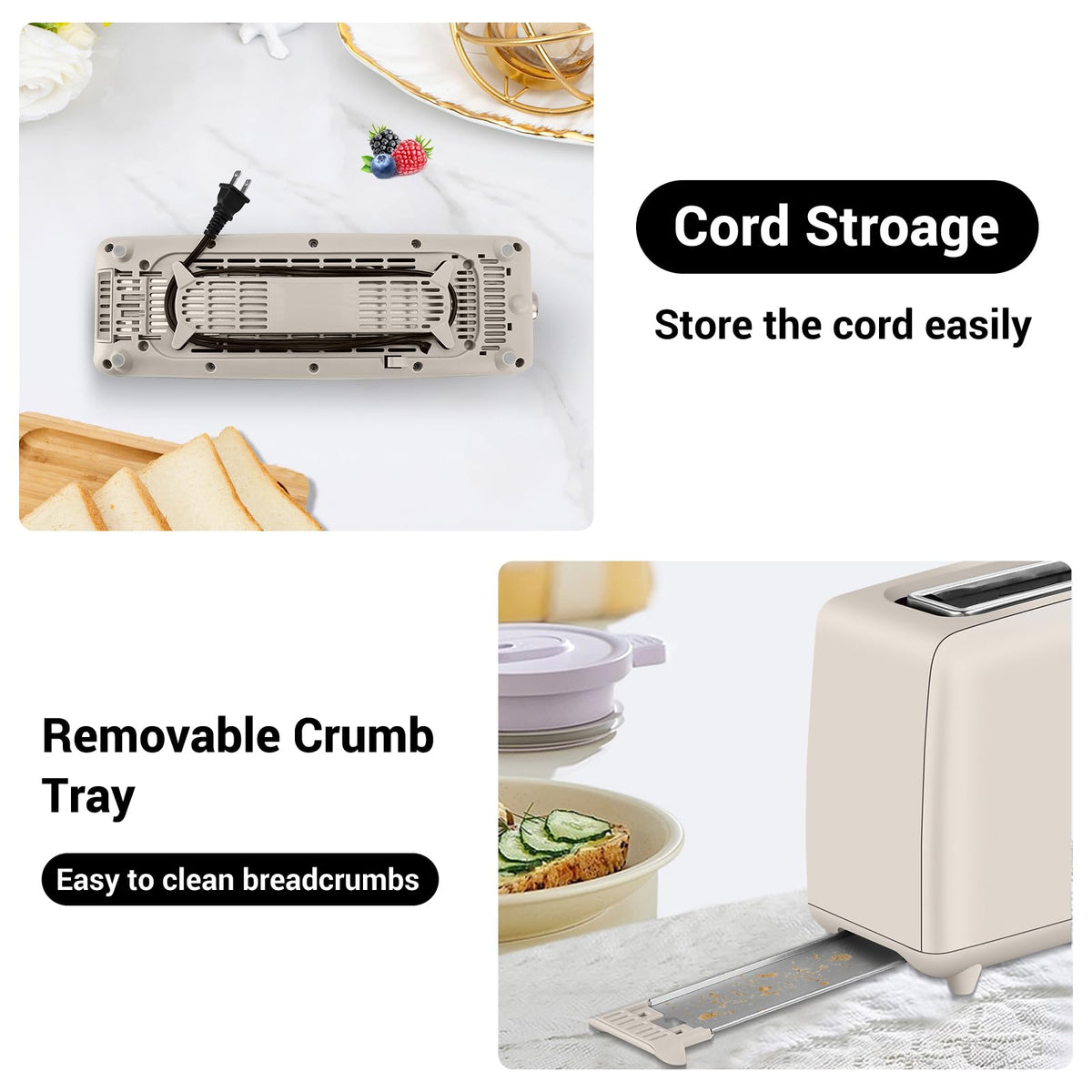 Stainless steel long-slot 2-slice toaster featuring 6 browning levels,10-inch extra-long slots and a removable crumb tray(Oatmeal).
