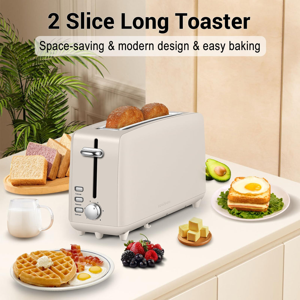 Stainless steel long-slot 2-slice toaster featuring 6 browning levels,10-inch extra-long slots and a removable crumb tray(Oatmeal).