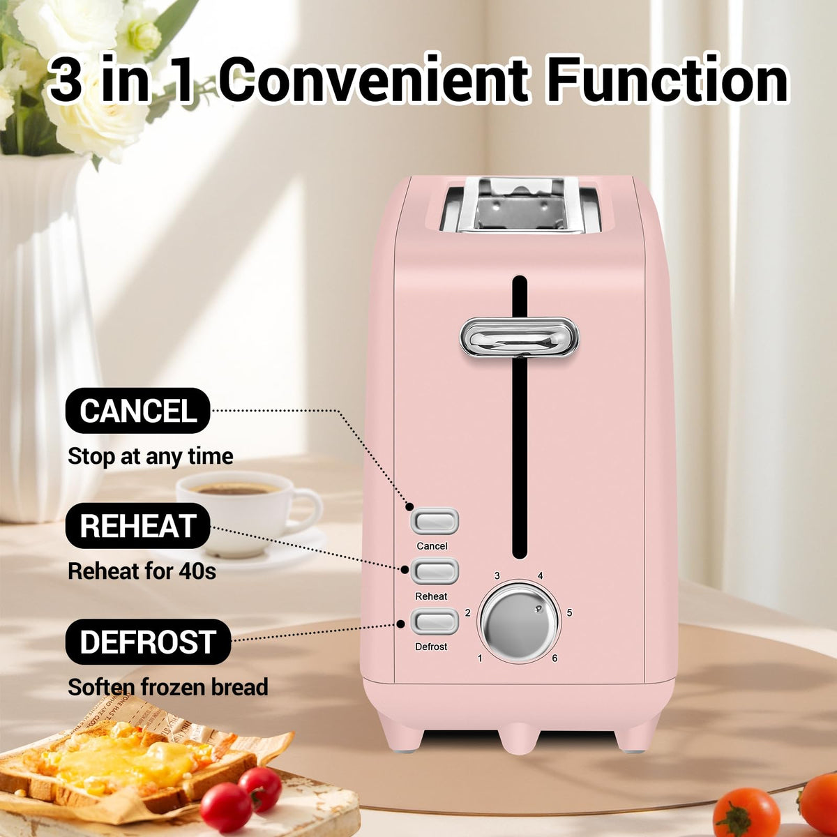 Stainless steel long-slot 2-slice toaster featuring 6 browning levels,10-inch extra-long slots and a removable crumb tray(Pink).