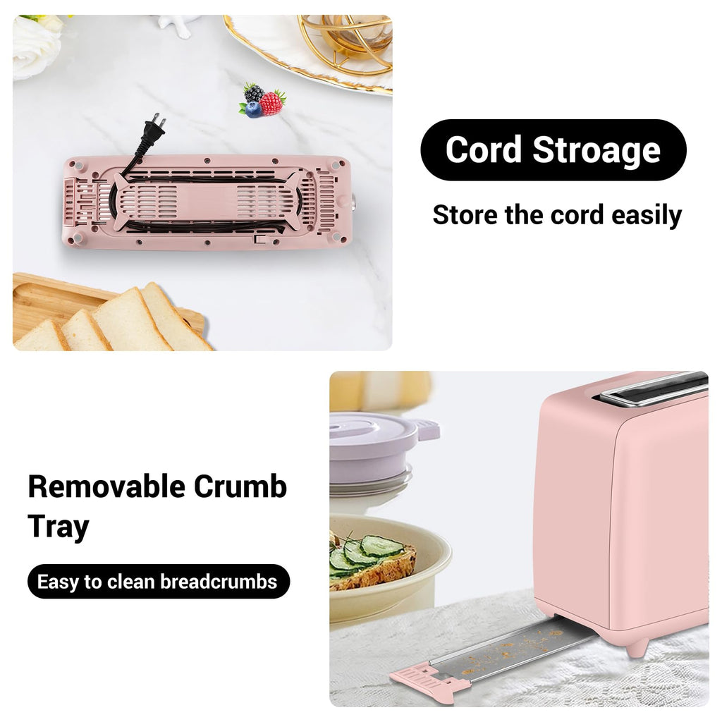 Stainless steel long-slot 2-slice toaster featuring 6 browning levels,10-inch extra-long slots and a removable crumb tray(Pink).