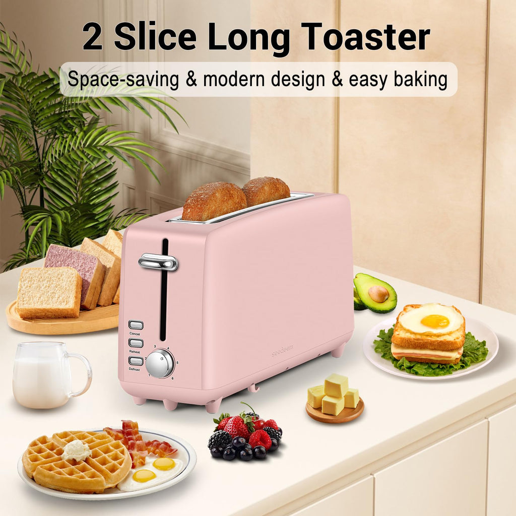 Stainless steel long-slot 2-slice toaster featuring 6 browning levels,10-inch extra-long slots and a removable crumb tray(Pink).