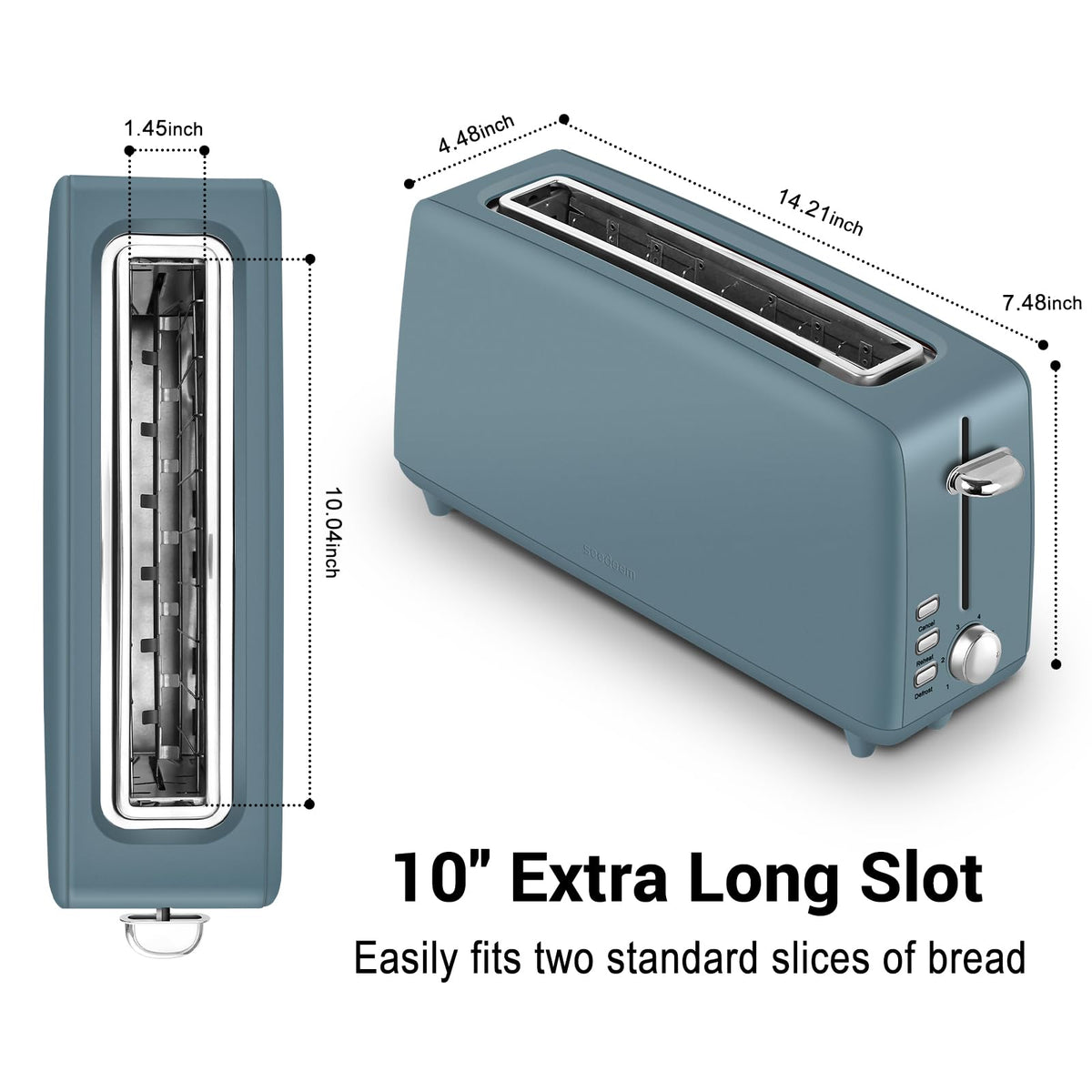 Stainless steel long-slot 2-slice toaster featuring 6 browning levels,10-inch extra-long slots and a removable crumb tray(Blue).