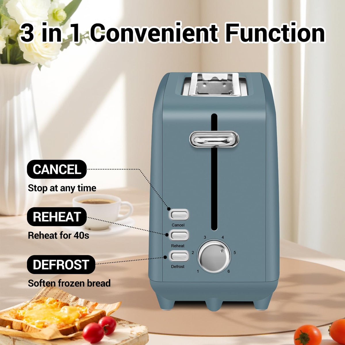 Stainless steel long-slot 2-slice toaster featuring 6 browning levels,10-inch extra-long slots and a removable crumb tray(Blue).