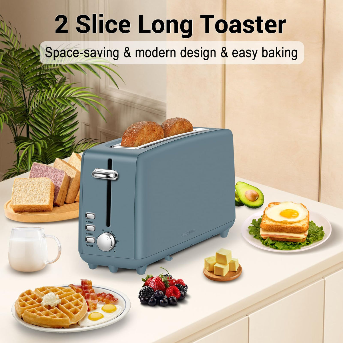Stainless steel long-slot 2-slice toaster featuring 6 browning levels,10-inch extra-long slots and a removable crumb tray(Blue).