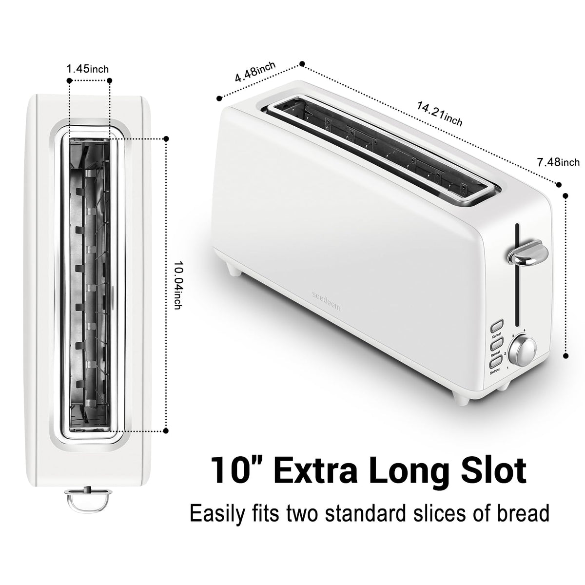 Stainless steel long-slot 2-slice toaster featuring 6 browning levels,10-inch extra-long slots and a removable crumb tray(White).