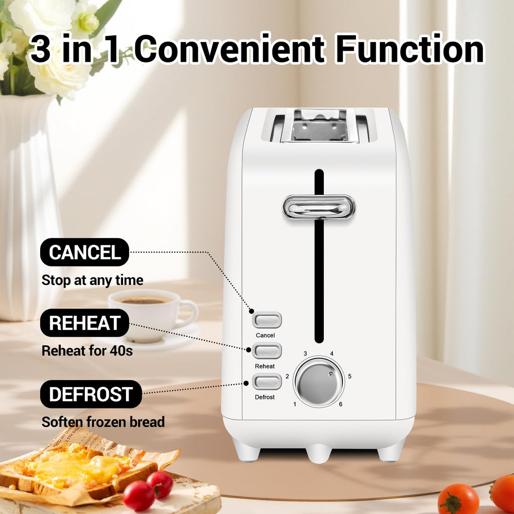 Stainless steel long-slot 2-slice toaster featuring 6 browning levels,10-inch extra-long slots and a removable crumb tray(White).