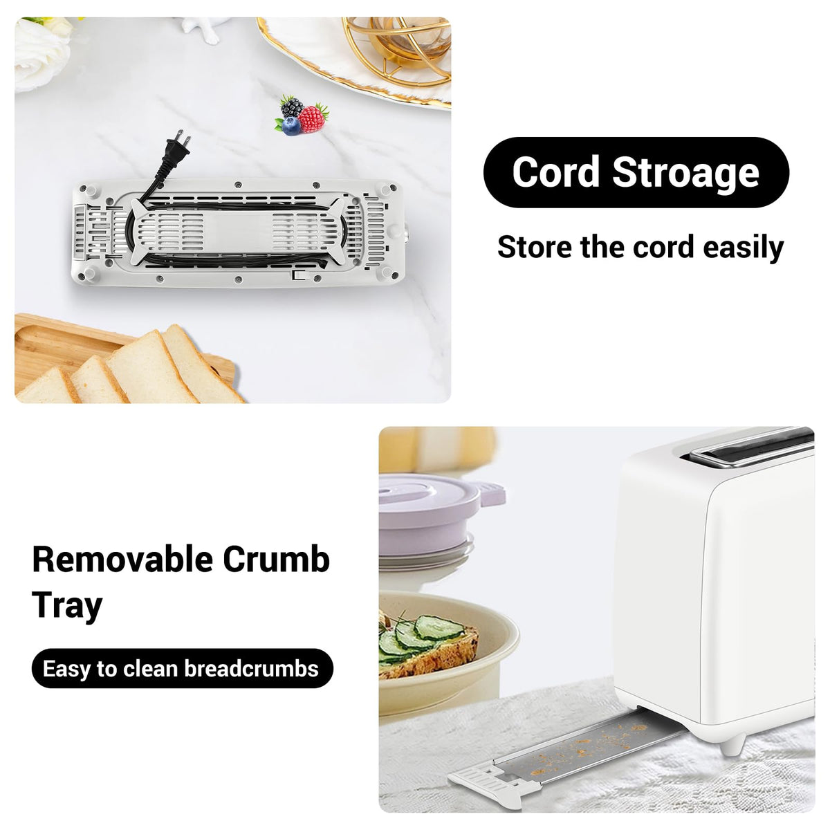 Stainless steel long-slot 2-slice toaster featuring 6 browning levels,10-inch extra-long slots and a removable crumb tray(White).