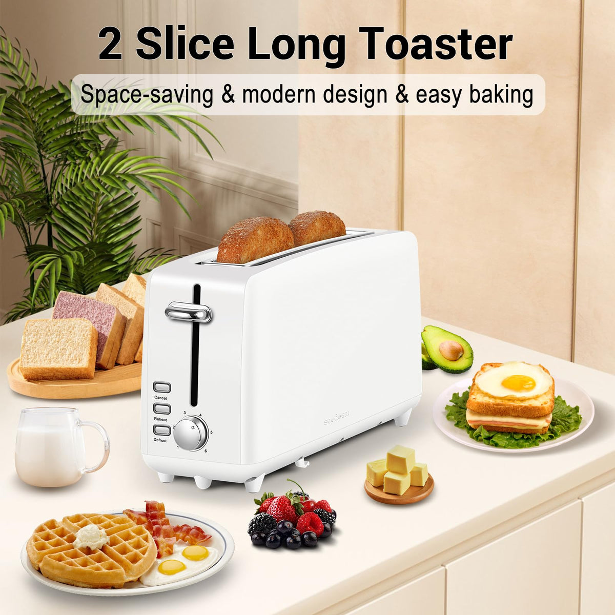 Stainless steel long-slot 2-slice toaster featuring 6 browning levels,10-inch extra-long slots and a removable crumb tray(White).