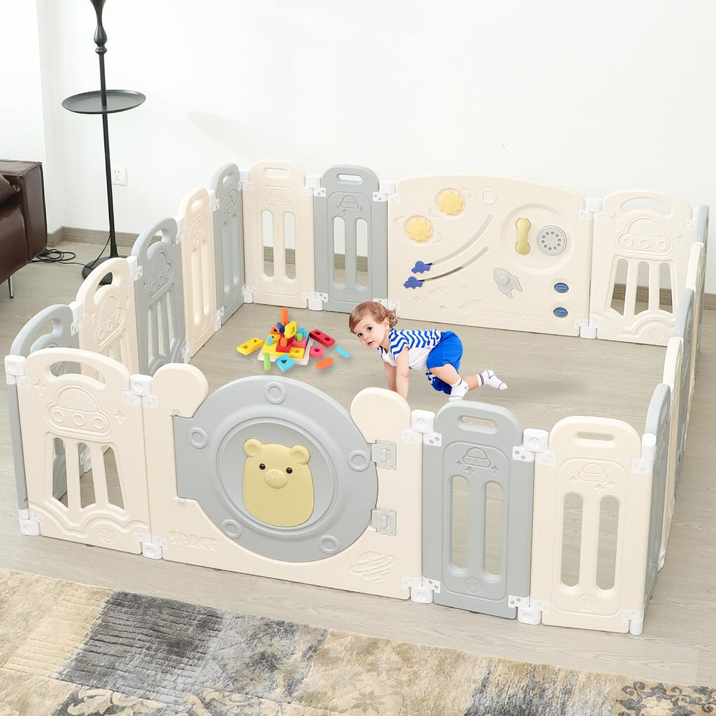 14-Panel Foldable Toddler Playpen with Locked Gate&Height Adjustable Basketball Hoop Game Board,Multi-scene Indoor Outdoor Baby Activity Fence,Gray White