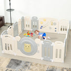 14-Panel Foldable Toddler Playpen with Locked Gate&Height Adjustable Basketball Hoop Game Board,Multi-scene Indoor Outdoor Baby Activity Fence,Gray White