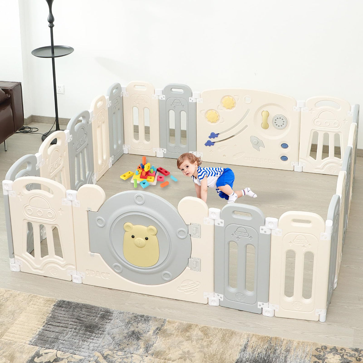 14-Panel Foldable Toddler Playpen with Locked Gate&Height Adjustable Basketball Hoop Game Board,Multi-scene Indoor Outdoor Baby Activity Fence,Gray White