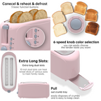 4 Slice Extra Long Slot Toaster with 6 Browning Levels&Defrost/Reheat Functions,Pink