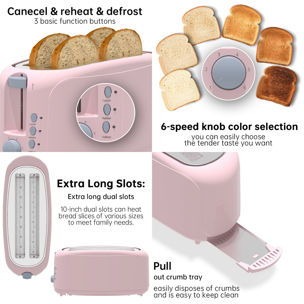 4 Slice Extra Long Slot Toaster with 6 Browning Levels&Defrost/Reheat Functions,Pink