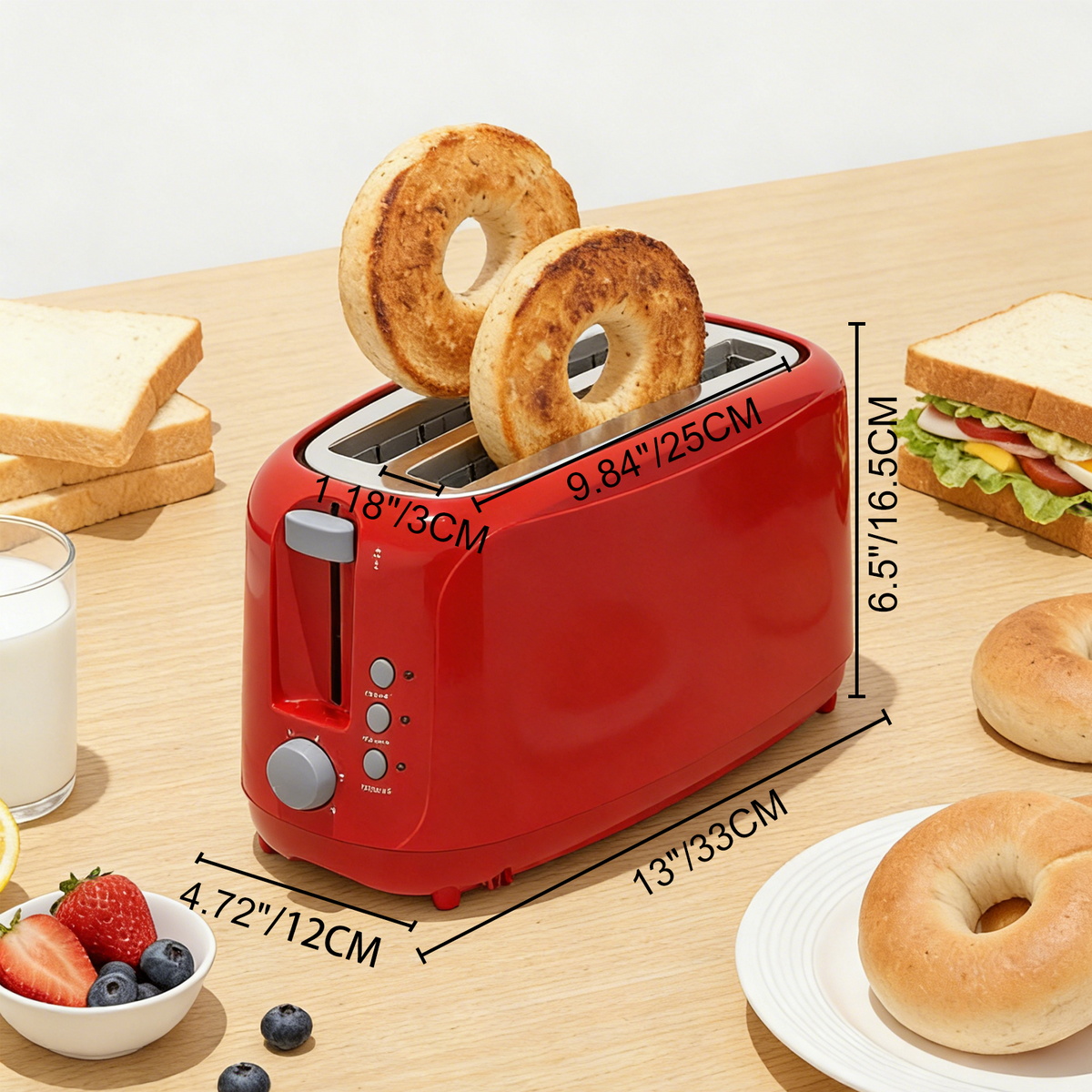 4 Slice Extra Long Slot Toaster with 6 Browning Levels&Defrost/Reheat Functions,Red