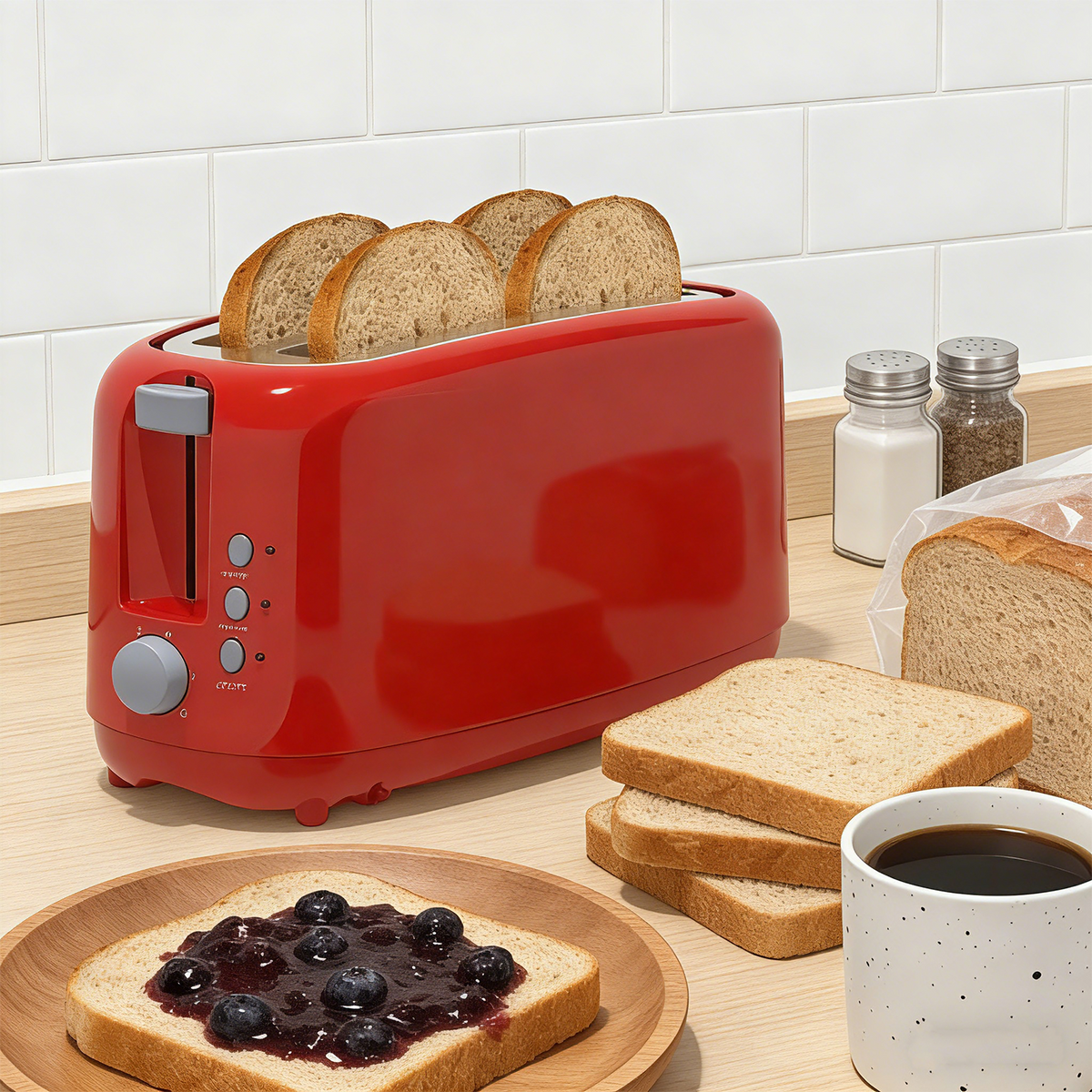 4 Slice Extra Long Slot Toaster with 6 Browning Levels&Defrost/Reheat Functions,Red