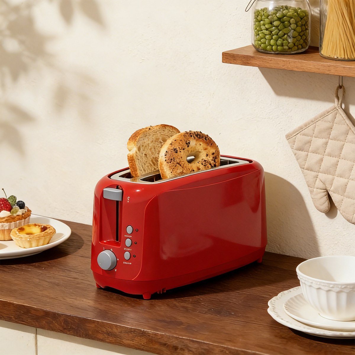 4 Slice Extra Long Slot Toaster with 6 Browning Levels&Defrost/Reheat Functions,Red