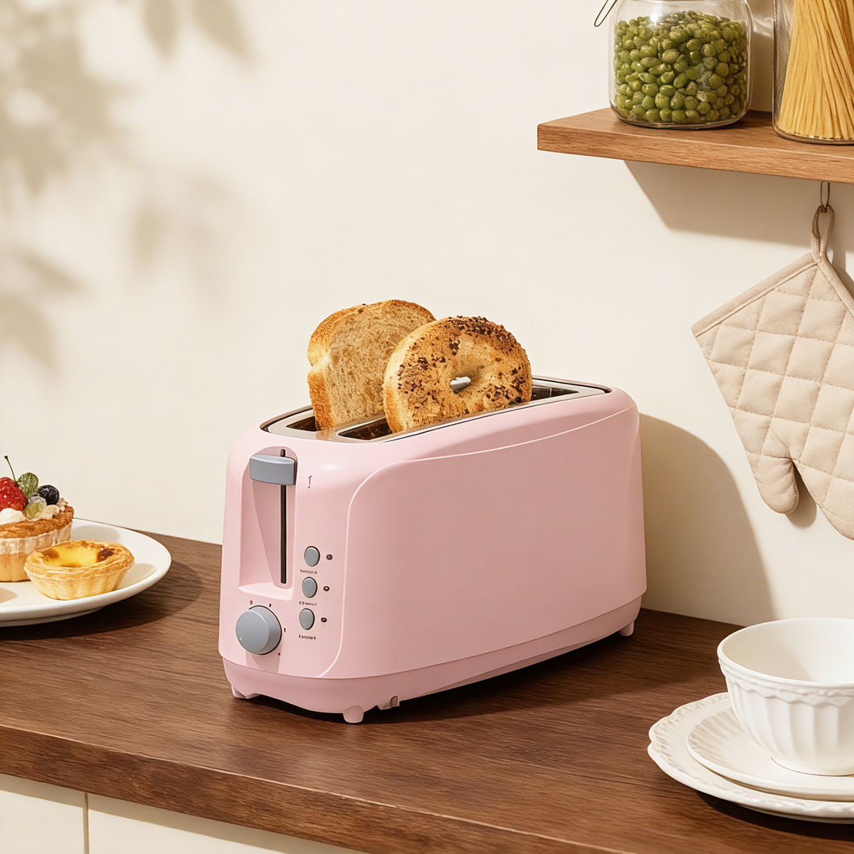 4 Slice Extra Long Slot Toaster with 6 Browning Levels&Defrost/Reheat Functions,Pink