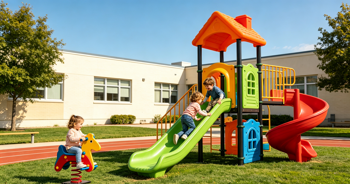 A colorful outdoor playground set with children playing on a grassy field in front of a school building. The play structure includes a green slide, red spiral slide, orange roof, yellow and green panels, and a child is riding a spring rider on the left.