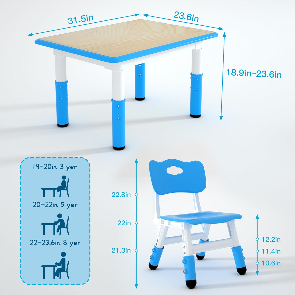 Height Adjustable Kids Table with 2 Chairs, Durable HDPE Play Set for Children Ages 2–12, Blue
