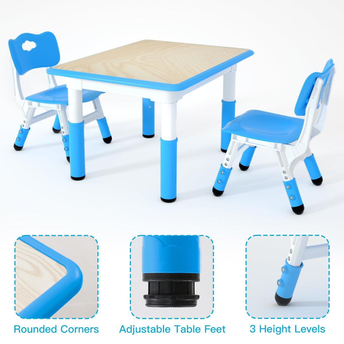 Height Adjustable Kids Table with 2 Chairs, Durable HDPE Play Set for Children Ages 2–12, Blue