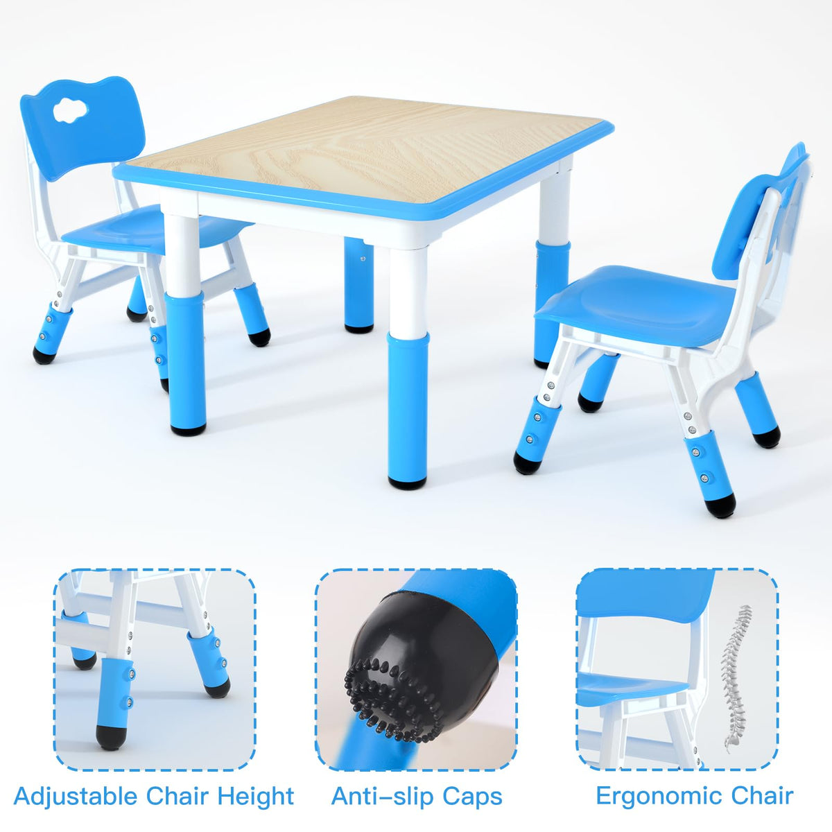 Height Adjustable Kids Table with 2 Chairs, Durable HDPE Play Set for Children Ages 2–12, Blue
