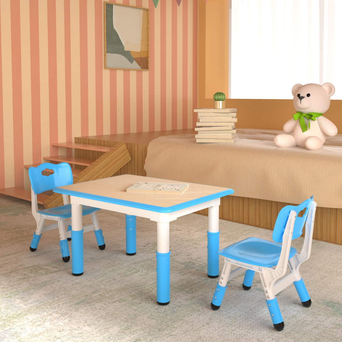 Height Adjustable Kids Table with 2 Chairs, Durable HDPE Play Set for Children Ages 2–12, Blue