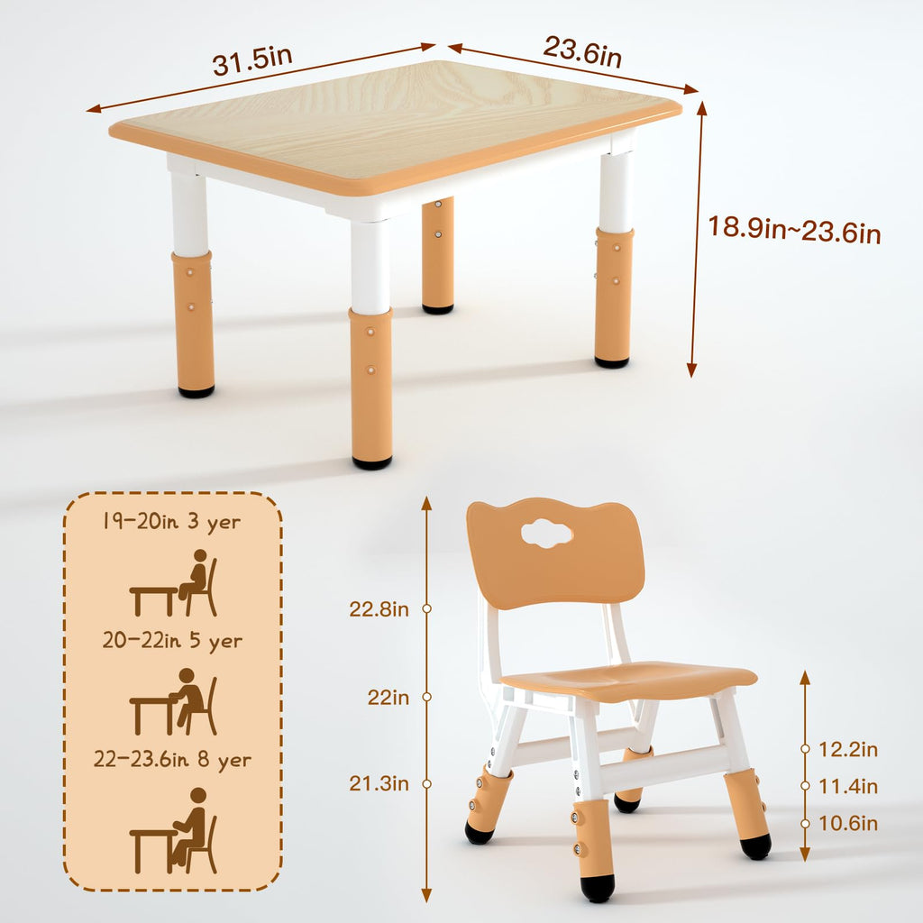 Height Adjustable Kids Table with 2 Chairs, Durable HDPE Play Set for Children Ages 2–12, Brown