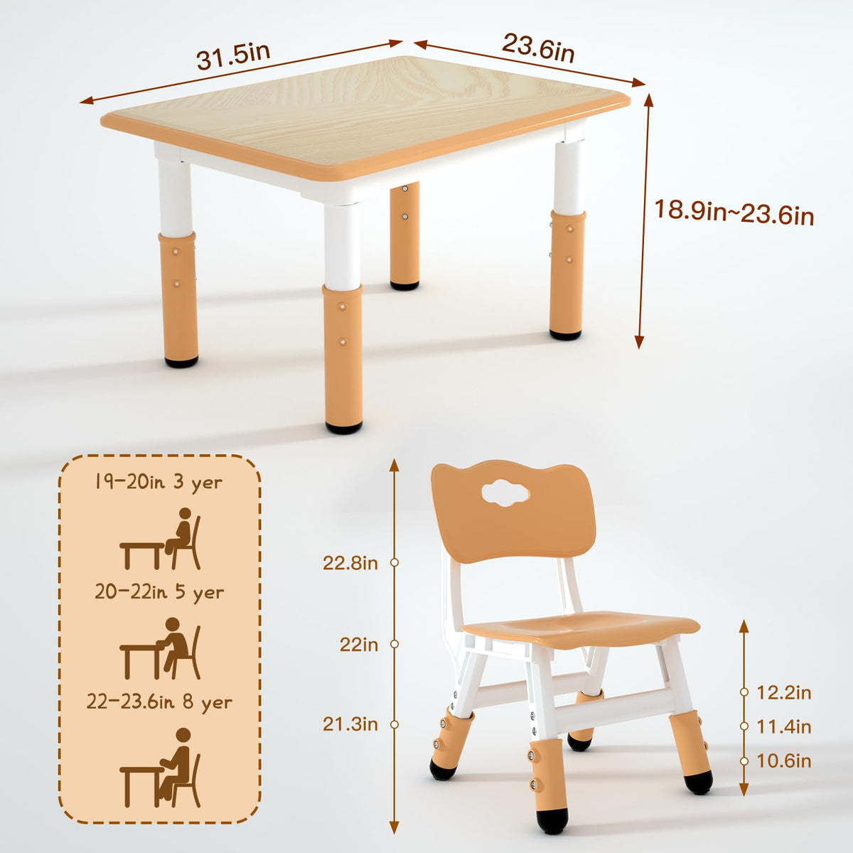 Height Adjustable Kids Table with 2 Chairs, Durable HDPE Play Set for Children Ages 2–12, Brown