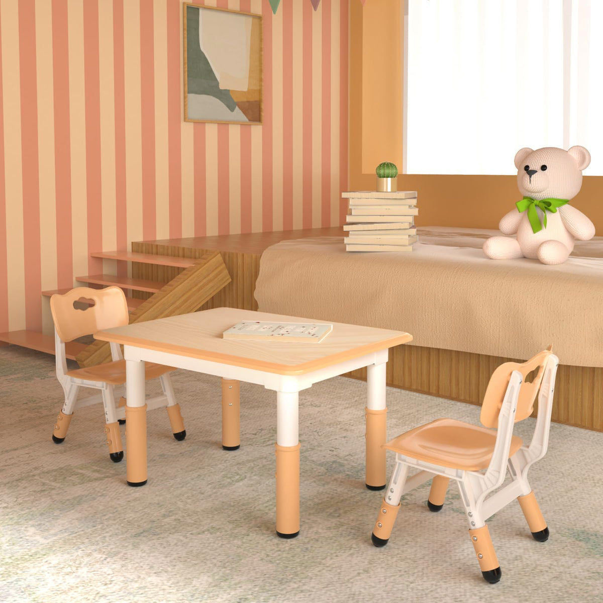 Height Adjustable Kids Table with 2 Chairs, Durable HDPE Play Set for Children Ages 2–12, Brown