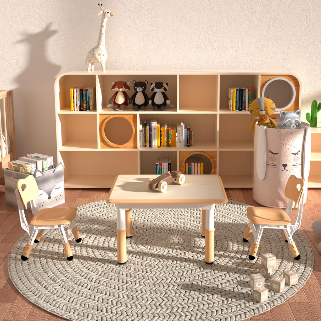 Height Adjustable Kids Table with 2 Chairs, Durable HDPE Play Set for Children Ages 2–12, Brown