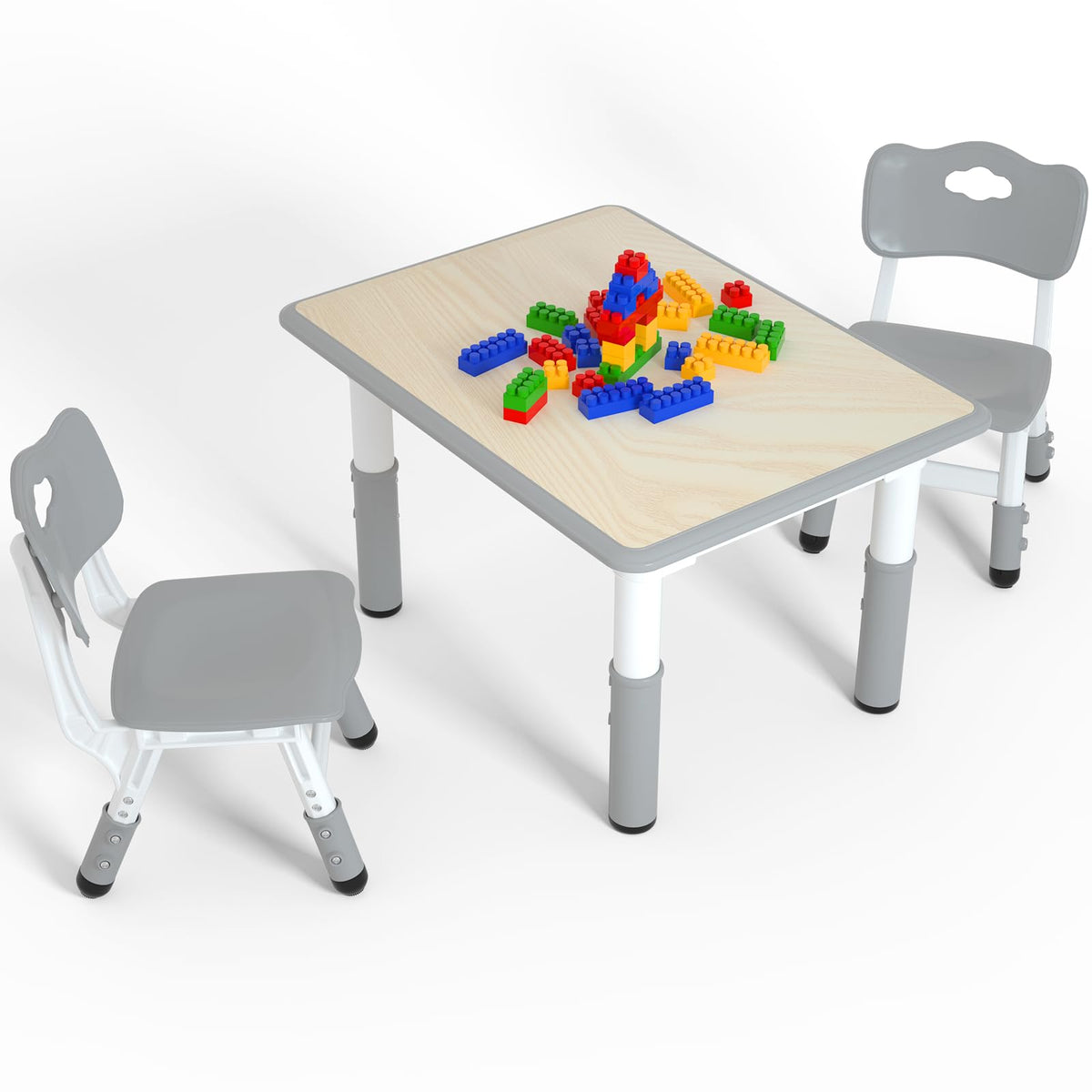 Height Adjustable Kids Table with 2 Chairs, Durable HDPE Play Set for Children Ages 2–12, Gray
