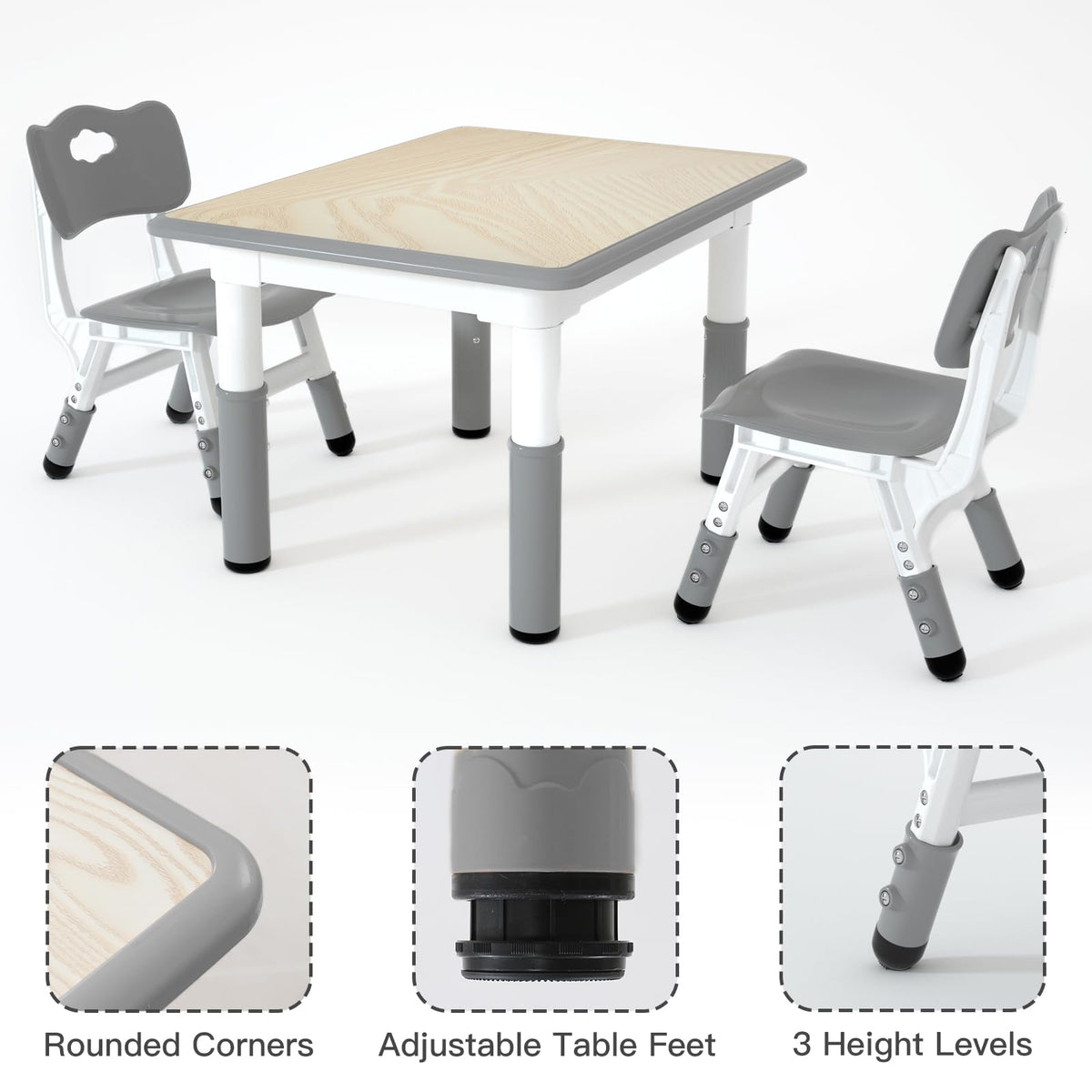 Height Adjustable Kids Table with 2 Chairs, Durable HDPE Play Set for Children Ages 2–12, Gray