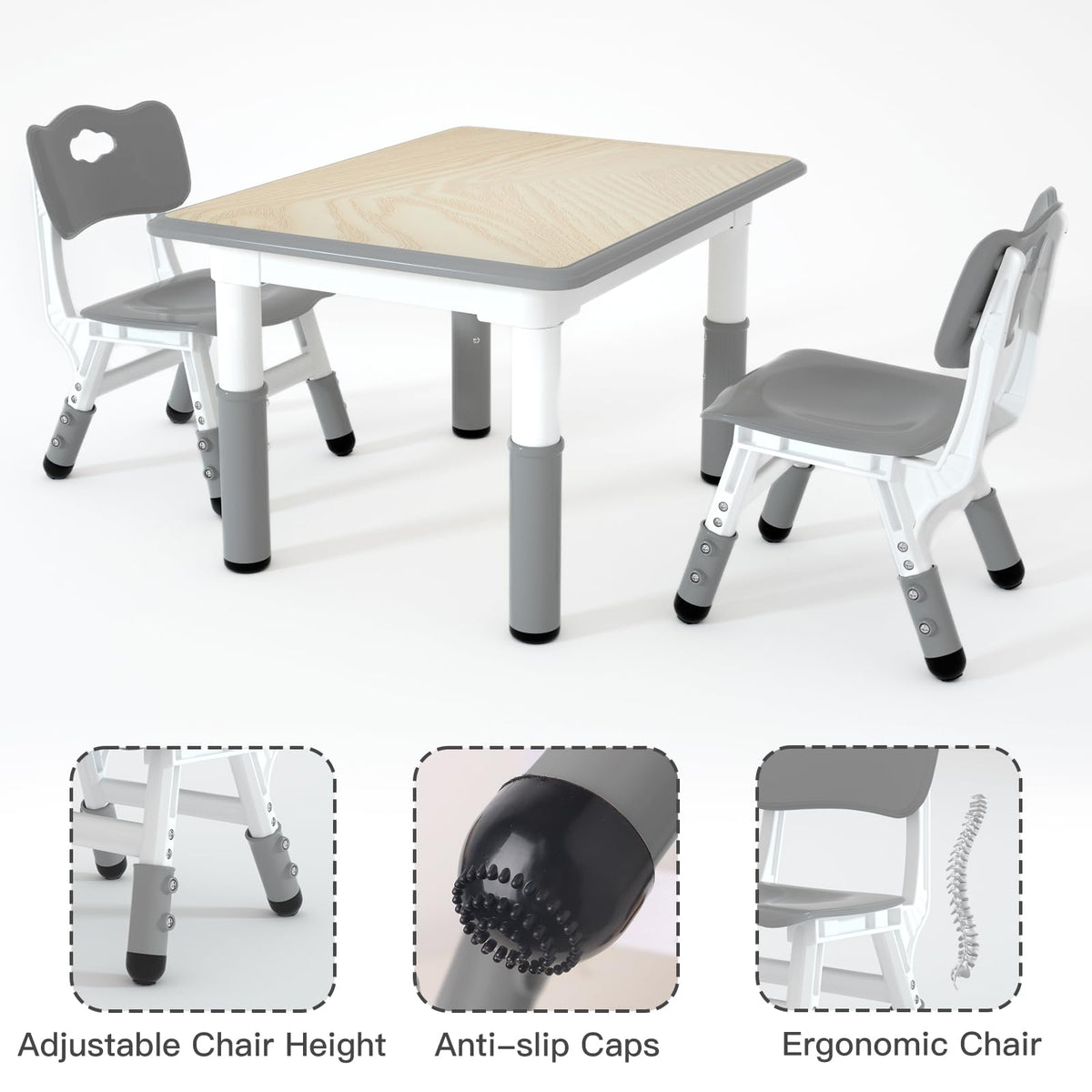 Height Adjustable Kids Table with 2 Chairs, Durable HDPE Play Set for Children Ages 2–12, Gray