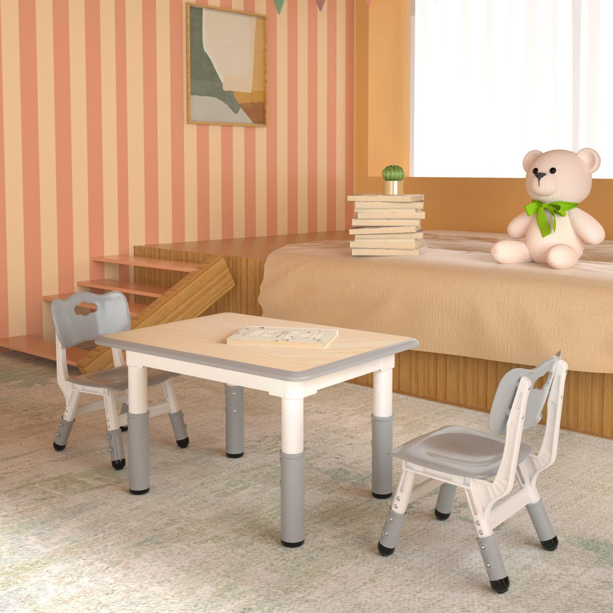 Height Adjustable Kids Table with 2 Chairs, Durable HDPE Play Set for Children Ages 2–12, Gray