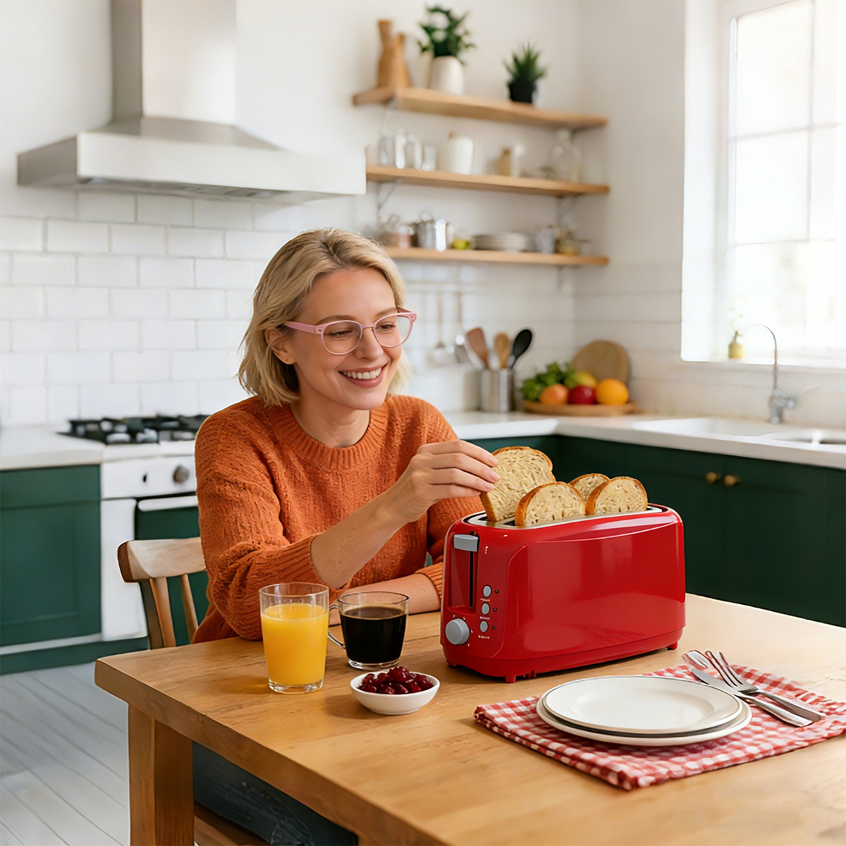 4 Slice Extra Long Slot Toaster with 6 Browning Levels&Defrost/Reheat Functions,Red