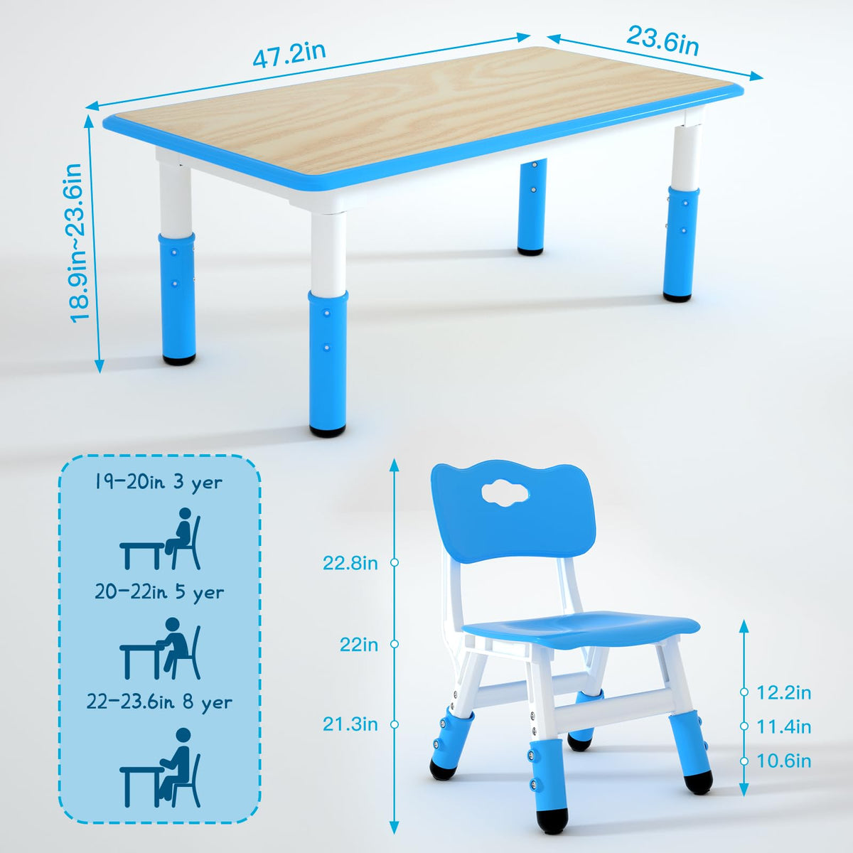 Height Adjustable Kids Table with 4 Chairs, Durable HDPE Play Set for Children Ages 2–12, Blue
