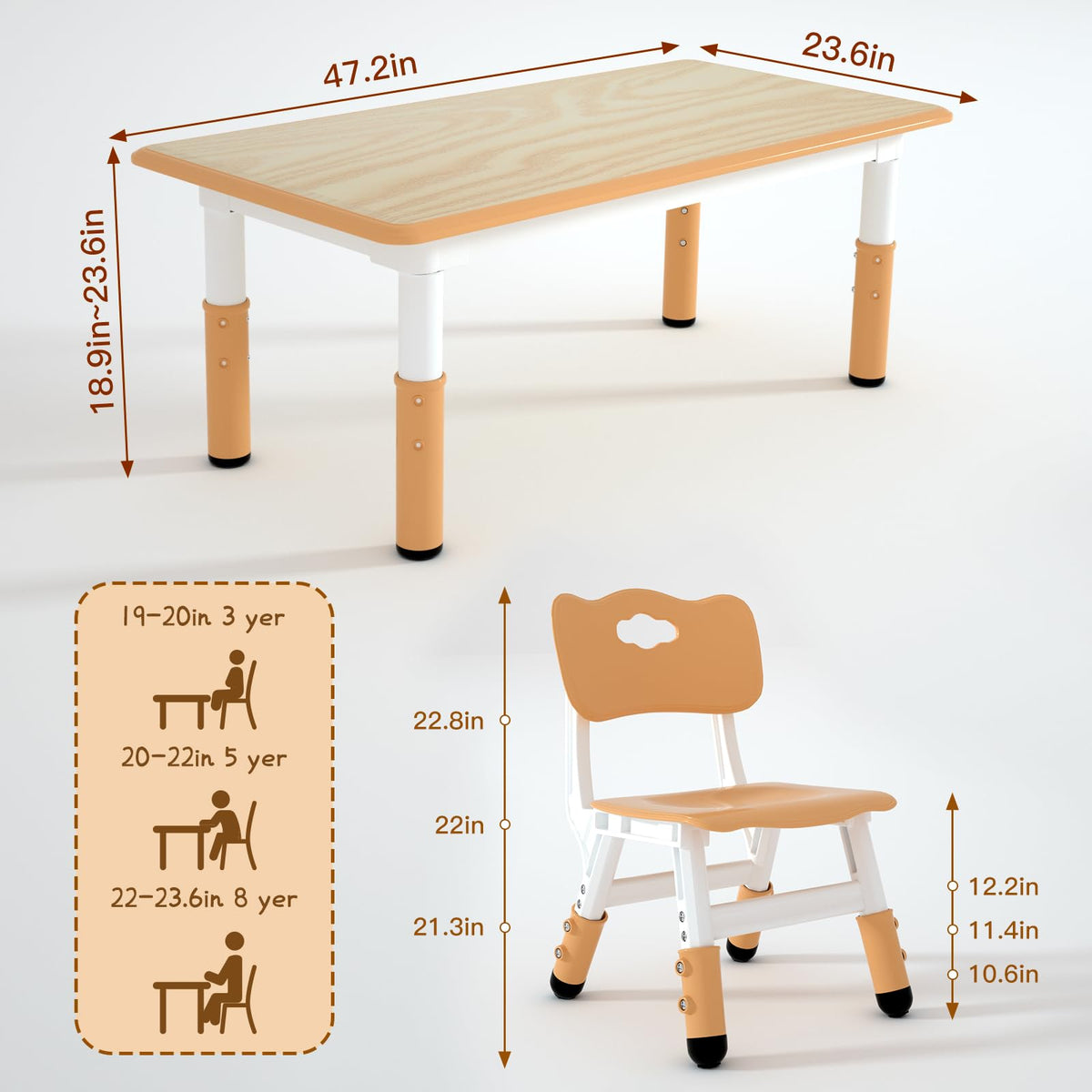 Height Adjustable Kids Table with 4 Chairs, Durable HDPE Play Set for Children Ages 2–12, Brown