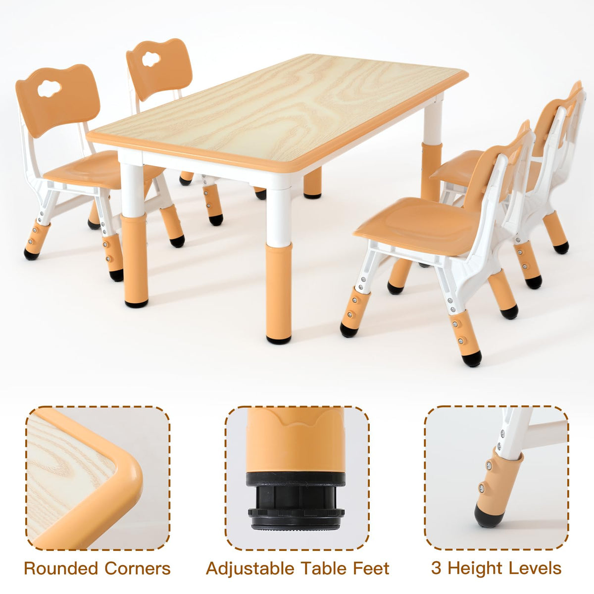 Height Adjustable Kids Table with 4 Chairs, Durable HDPE Play Set for Children Ages 2–12, Brown