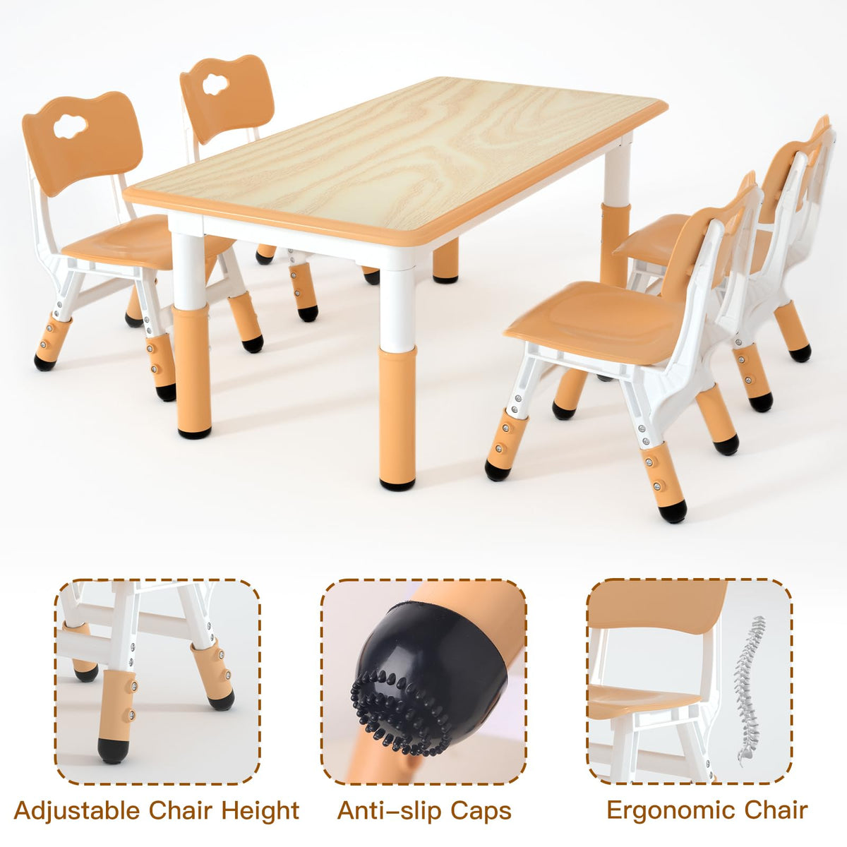 Height Adjustable Kids Table with 4 Chairs, Durable HDPE Play Set for Children Ages 2–12, Brown