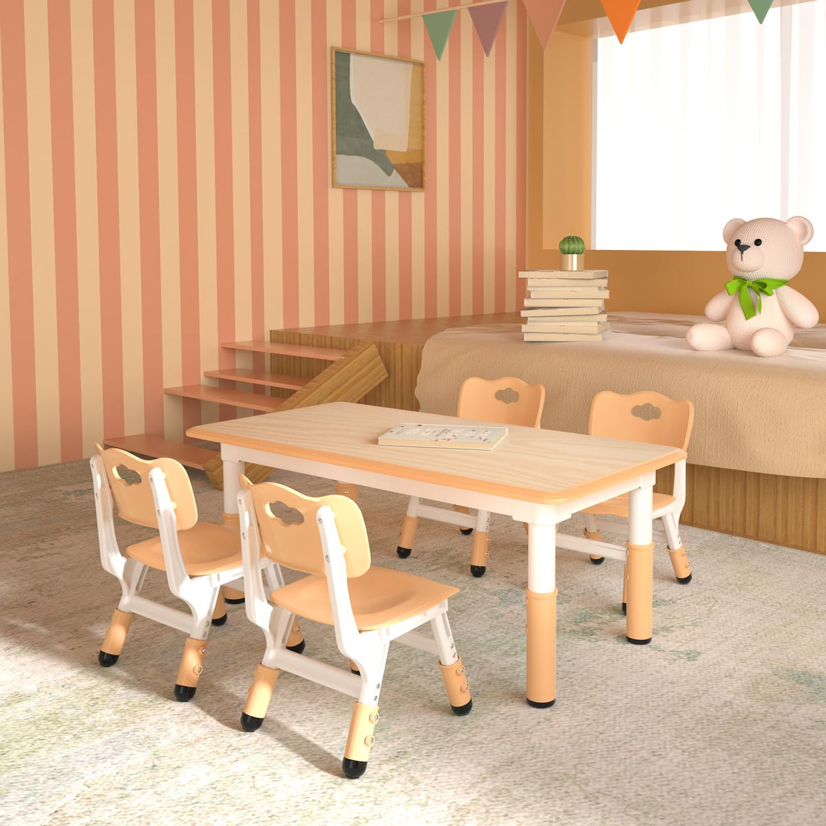 Height Adjustable Kids Table with 4 Chairs, Durable HDPE Play Set for Children Ages 2–12, Brown